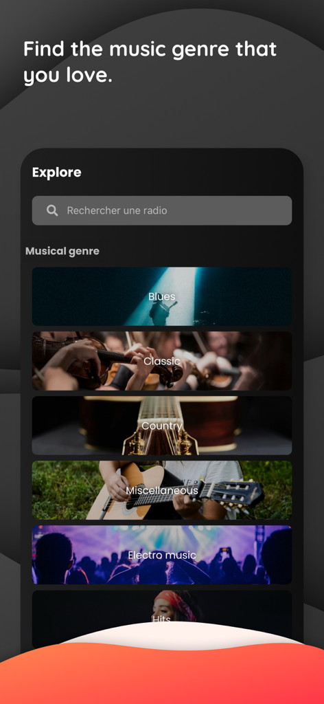 Explore screen of Welove.radio app showing music genres like Blues Classic and Country