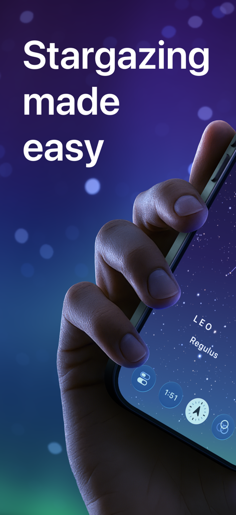 Sky Guide - Sky Guideアプリのインターフェースが表示されたiPhoneを持つ手、テキストは「Stargazing made easy」