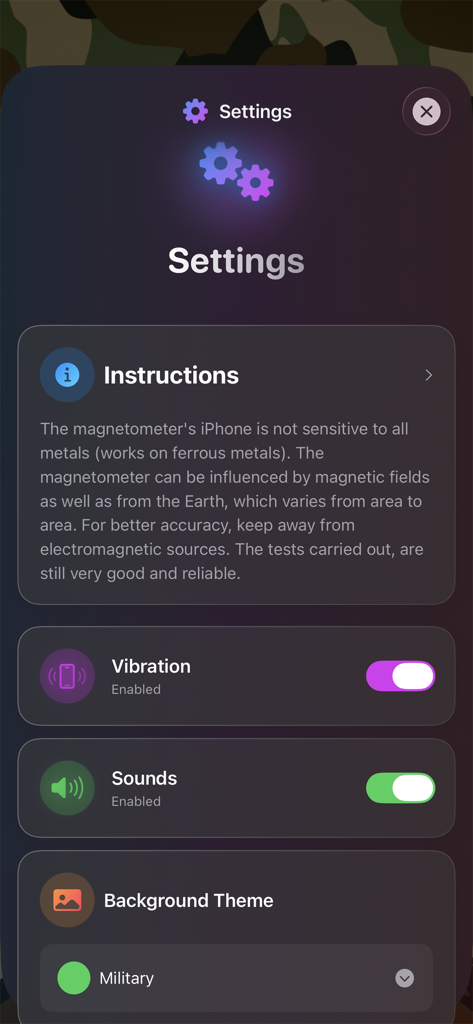 Metal Detector Professional - Menú de configuración de la aplicación Detector de Metales Profesional con sonido de vibración y configuración de tema