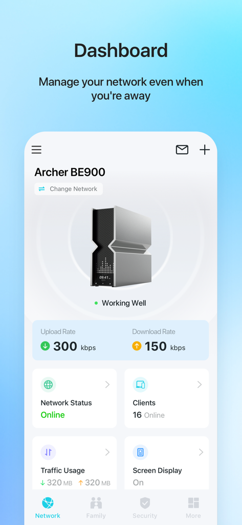 TP-Link Tether app dashboard interface showing router status and connected client devices