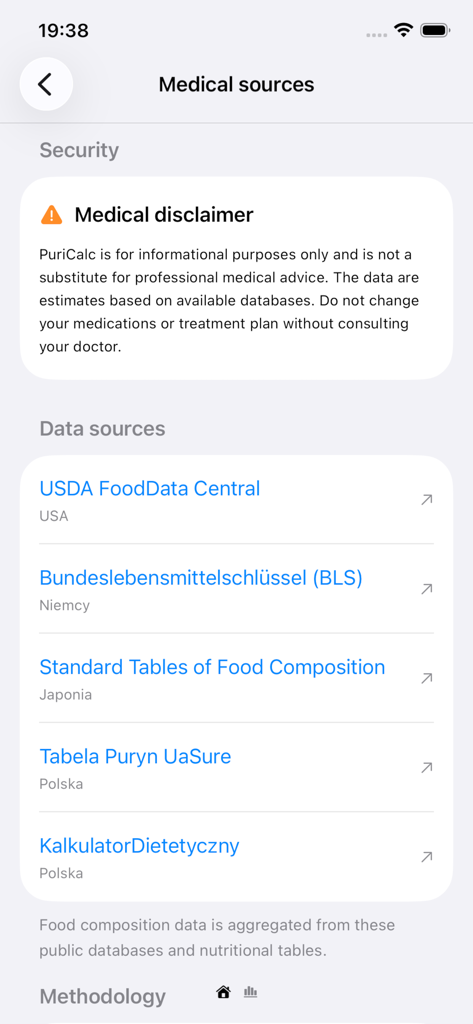 PuriCalc app screen showing a medical disclaimer and a list of international food databases used as data sources
