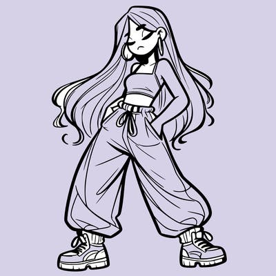 girl in baggy pants crop top and long hair