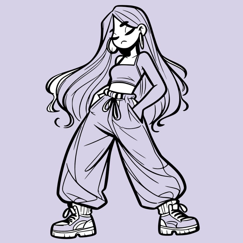 girl in baggy pants crop top and long hair