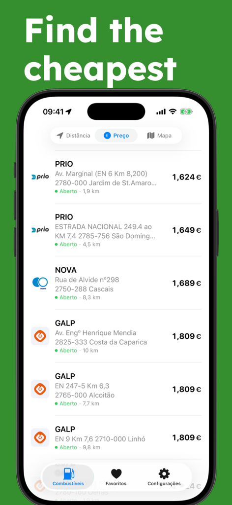 PortuGAS - Fuel Prices PT - Schermata dell'app PortuGAS che mostra un elenco di stazioni di servizio in Portogallo ordinate per prezzo del carburante più basso