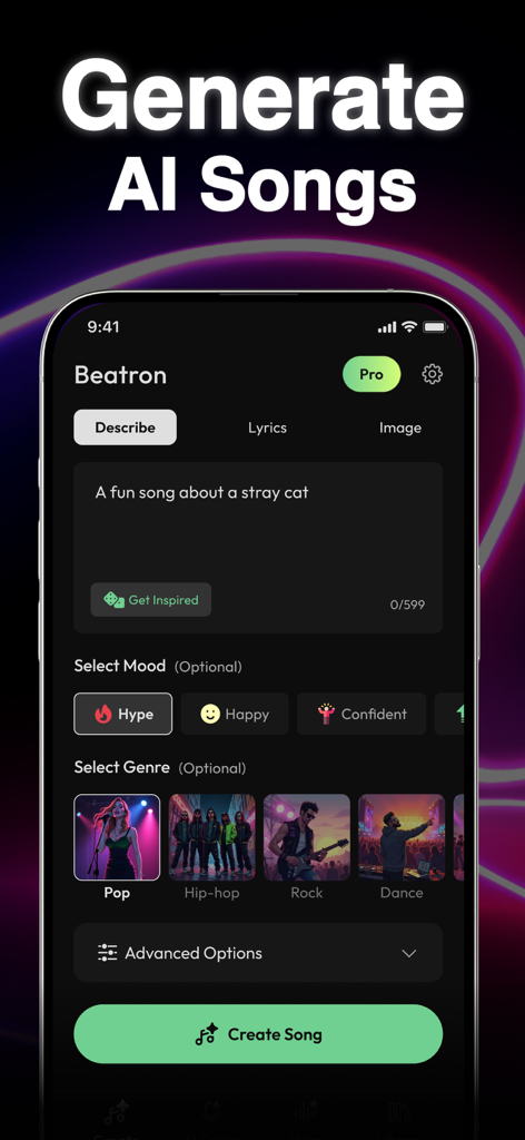 Interface of the Beatron AI Music Maker app showing options to generate a song from a text prompt with mood and genre selection