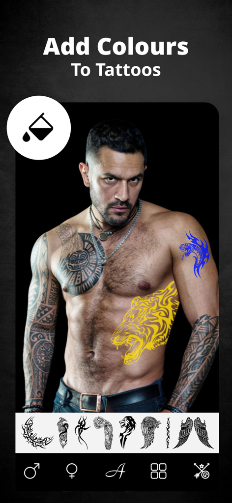 Tattoo Maker Design Editor - A mobile interface of a tattoo editor app showing a man with colorful virtual tattoos and a color selection tool.