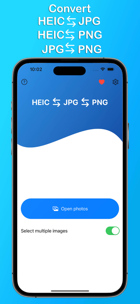 HEIC JPG PNG画像フォーマット間の変換オプションを示すモバイルアプリのインターフェース