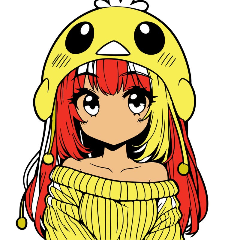 anime girl with chick shaped hat with sweater with bare shoulders with bangs covering them one eye with low tail