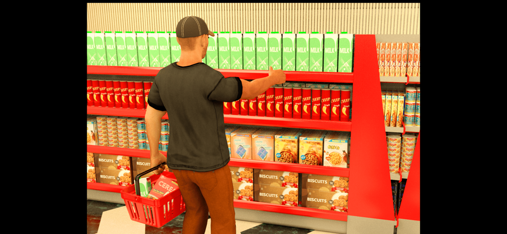 Um personagem segurando uma cesta de compras enquanto olha para prateleiras de supermercado organizadas em um jogo de simulação de supermercado