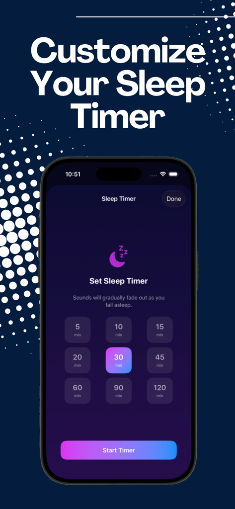 Fan Noise: Sleep Better - Captura de pantalla de la pantalla de personalización del temporizador de sueño en la aplicación Ruido de Ventilador