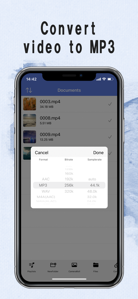 EasyMp3 Video to mp3 Converter - Selection screen for MP3 format and bitrate settings in the EasyMp3 converter app