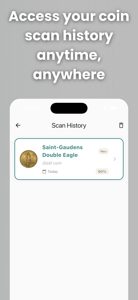 Coin Identifier: AI Value Scan - A mobile screen showing the scan history of a Saint Gaudens Double Eagle gold coin in the Coin Identifier app