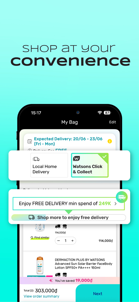 Watsons 베트남 앱 쇼핑백 화면에는 지역 택배 및 픽업 옵션이 표시됩니다.