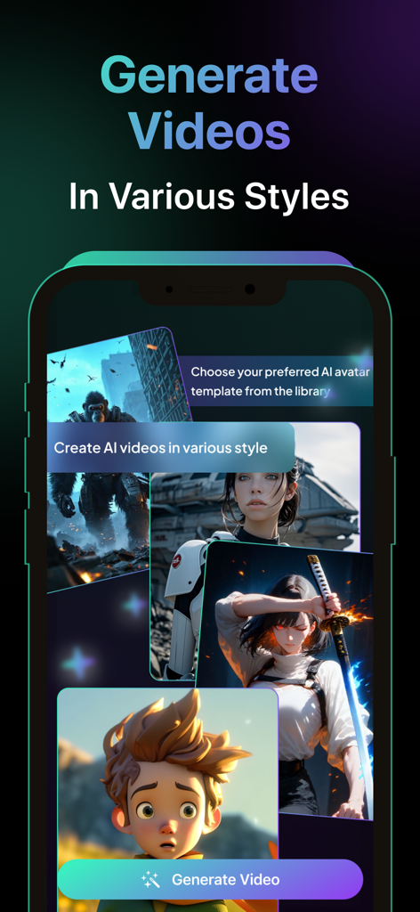 Vixa – AI Video Generator - Mobile screen of Vixa app showing diverse AI video styles including cinematic scenes, anime, and 3D animation templates.