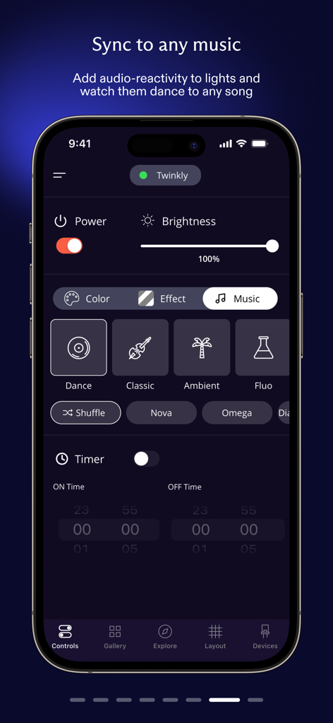 Twinkly - Interfaz de la aplicación Twinkly para sincronizar luces inteligentes con música con modos reactivos al audio.