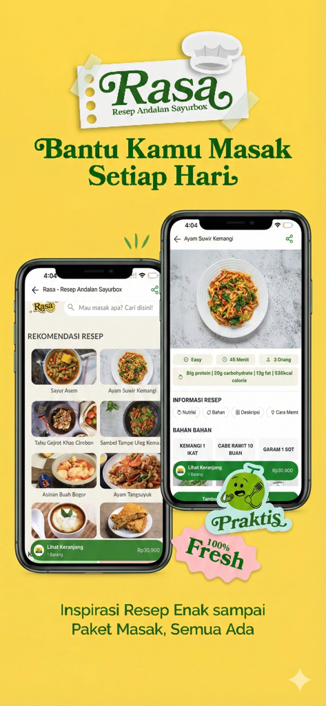 Sayurbox - Grocery Jadi Mudah - Two smartphones displaying the Sayurbox app with Indonesian recipe inspirations and nutritional information