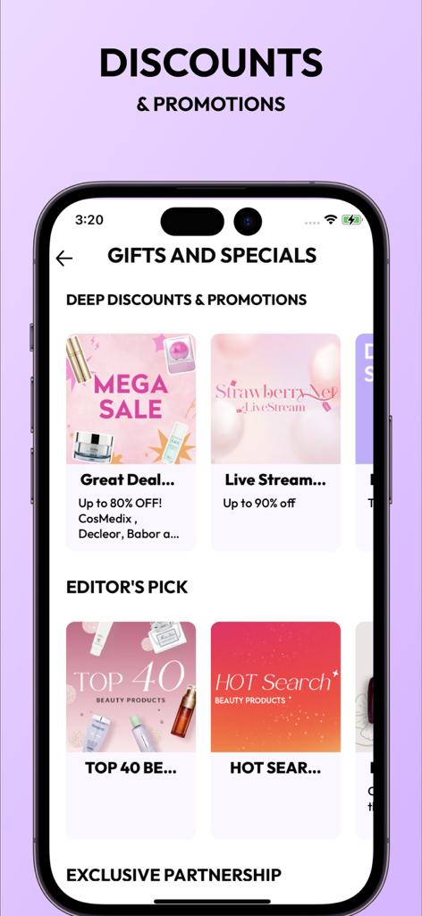 Strawberrynet- Beauty Shopping - Tela do aplicativo Strawberrynet exibindo ofertas de beleza, promoções e mega saldos