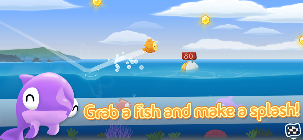 Fish Out Of Water! - A purple whale and orange fish skipping across the ocean surface