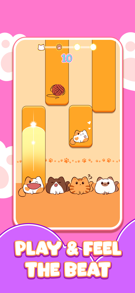 Cat World Music Game - Rhythm gameplay screen of Cat World Music Game featuring cute cats and falling music tiles