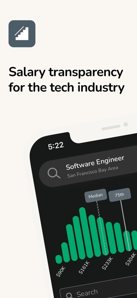 Levels.fyi -  Salaries & More - Levels.fyi mobile app interface showing salary distribution and transparency for software engineers