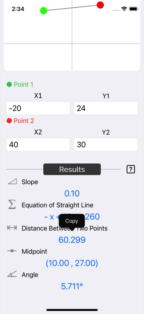 Slope Calculator Plus - Interface of the Slope Calculator Plus app showing calculated results for slope, line equation, distance, midpoint, and angle from two coordinate points.