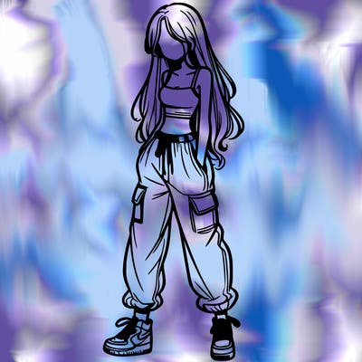 girl in baggy pants crop top and long hair