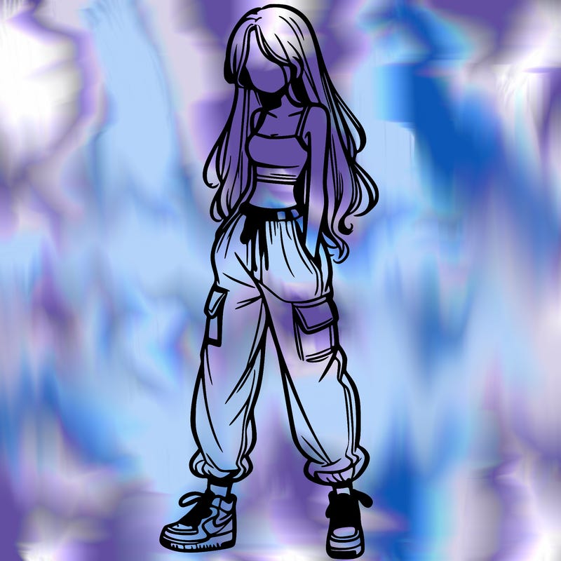 girl in baggy pants crop top and long hair