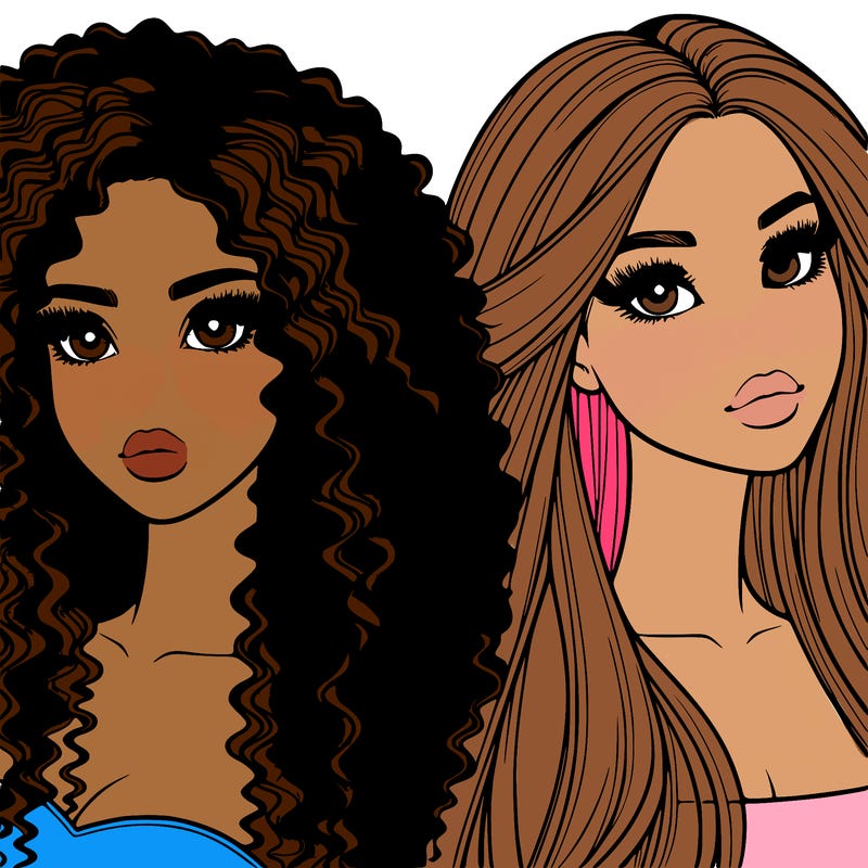 realistic sisters one with curly hair and one with straight hair