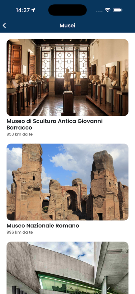 A mobile app screen from the Visit Rome Pass showing a list of curated museums including the Museo Nazionale Romano and Giovanni Barracco Museum.