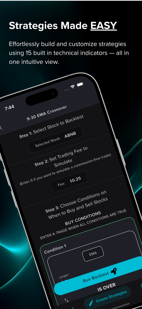 Stratify - Backtesting Wallet - Interface of the Stratify app showing steps to build and customize a stock trading strategy with backtesting options.