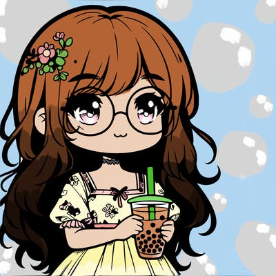 𝑔𝑖𝑟𝑙 𝑤𝑖𝑡ℎ 𝑐𝑢𝑡𝑒 𝑔𝑙𝑎𝑠𝑠𝑒𝑠 𝑎𝑛𝑑 𝑖𝑠 𝑖𝑛 𝑎 𝑐𝑢𝑡𝑒 𝑑𝑟𝑒𝑠𝑠 𝑤𝑖𝑡ℎ 𝑎 𝑏𝑢𝑏𝑏𝑙𝑒 𝑡𝑒𝑎 𝑖𝑛 ℎ𝑒𝑟 ℎ𝑎𝑛𝑑