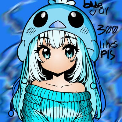 anime girl with chick shaped hat with sweater with bare shoulders with bangs covering them one eye with low tail