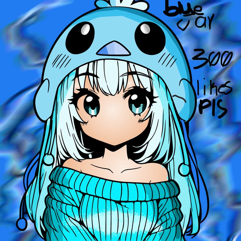 anime girl with chick shaped hat with sweater with bare shoulders with bangs covering them one eye with low tail