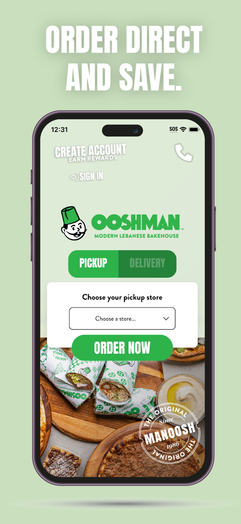 OOSHMAN - OOSHMAN mobile app interface showing pickup and delivery options for ordering Lebanese food