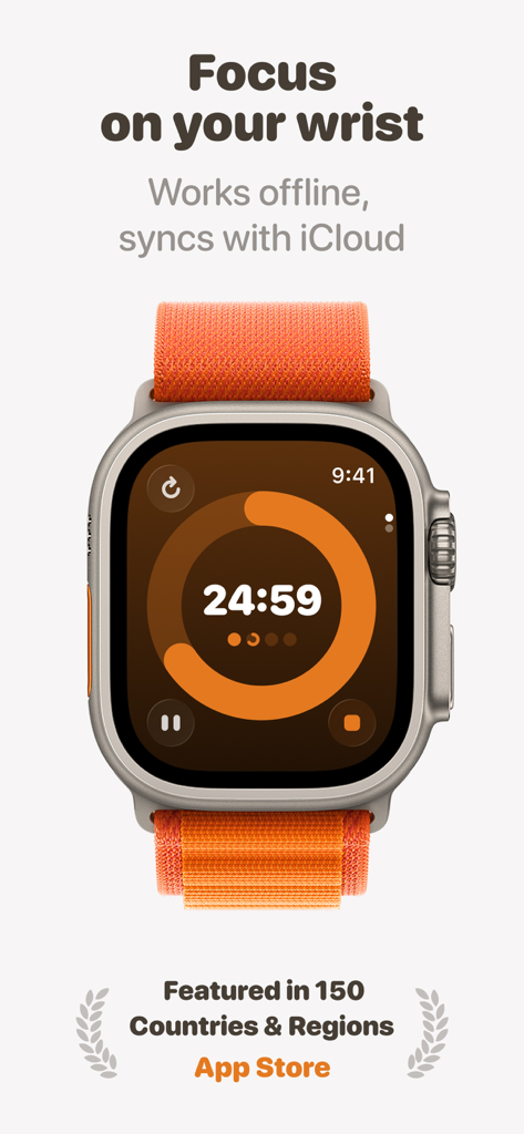 FocusPomo pomodoro timer interface displayed on an Apple Watch Ultra