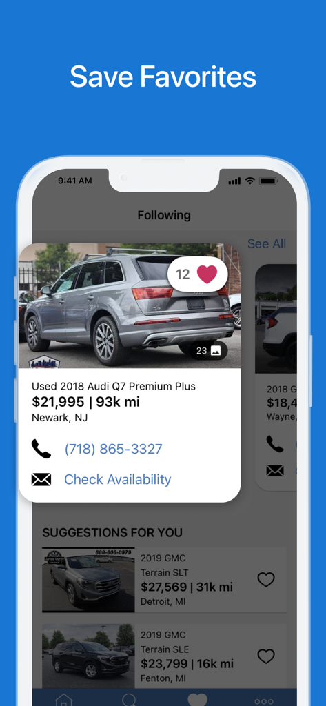 CARFAX - New & Used Cars - The CARFAX app interface showing a saved favorite Audi Q7 listing with price and mileage details