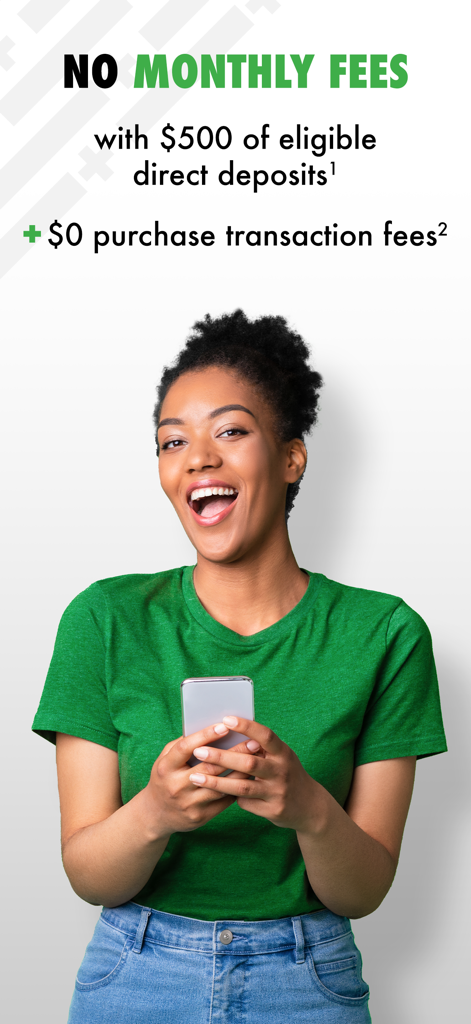 A smiling woman holding a smartphone with text advertising no monthly fees and zero dollar purchase transaction fees