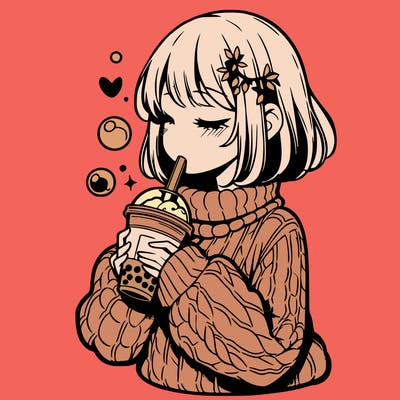 manga girl drinking boba in cozy sweater