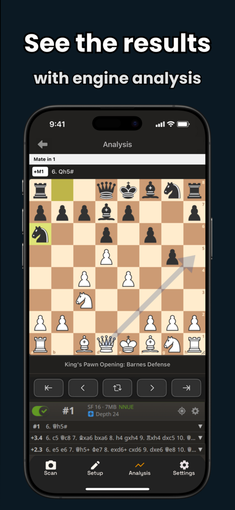 Checkmate - Chess Engine AI - Mobile chess engine interface displaying board analysis and winning move suggestions.