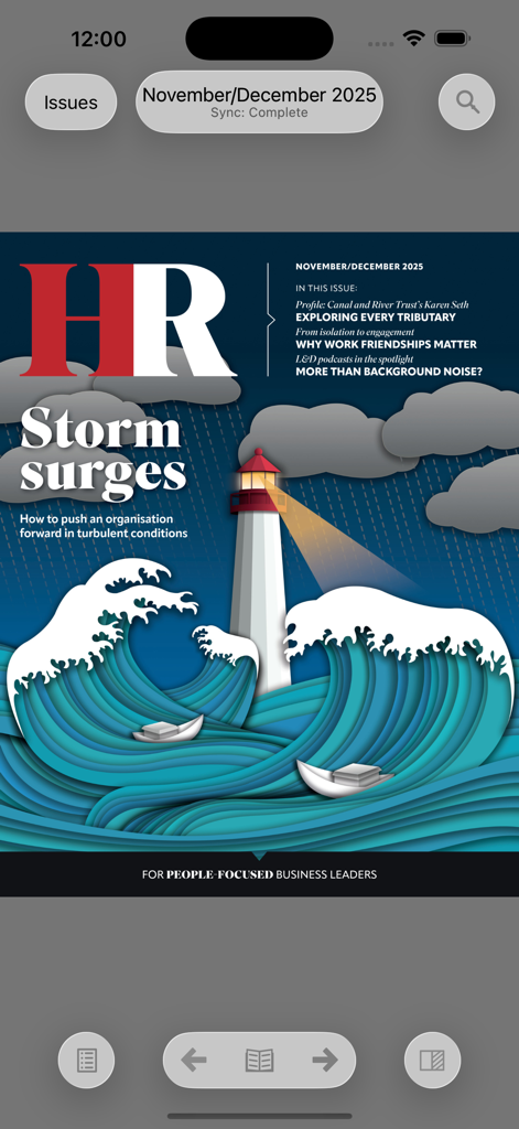 Digital magazine cover of HR Magazine featuring a lighthouse in a stormy sea with the headline Storm Surges