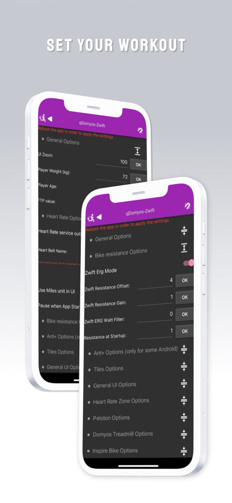 QZ app interface showing workout configuration and bike resistance settings on mobile devices