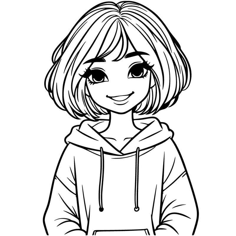 beautiful girl with short hair, a big smile, and an oversized hoodie