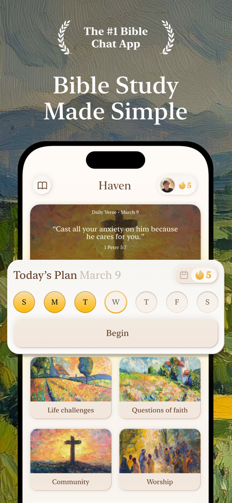 Haven - Bible Chat - Haven聖書チャットアプリのインターフェイス、毎日の勉強計画と聖句を表示しています。