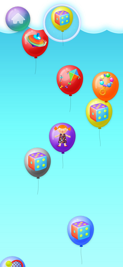 Balloons pop - Toys - Globos coloridos con iconos de juguetes como dados y muñecas flotando en un cielo azul en el juego educativo Balloons Pop.