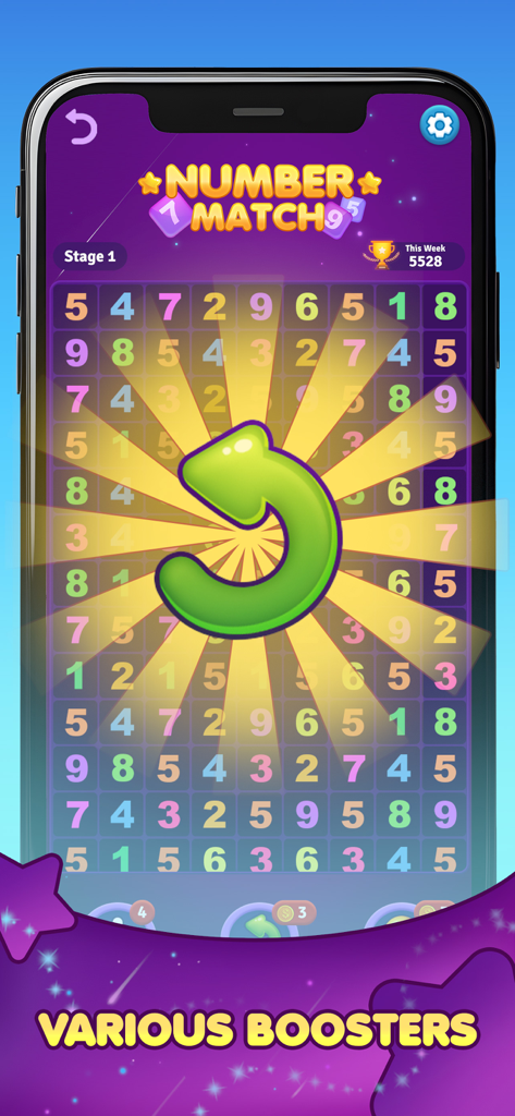 Number Match : Ten Pair - A mobile phone screen showing Number Match Ten Pair gameplay with a green undo booster icon on a purple number grid.
