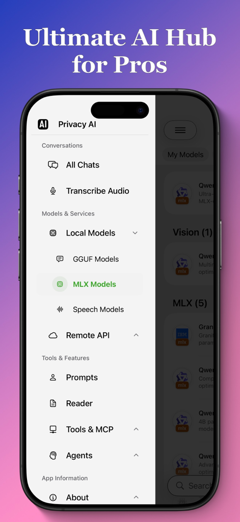 Privacy AI: Powerful chatbot - A screenshot of the Privacy AI mobile app interface showing the sidebar menu with local model options like GGUF and MLX