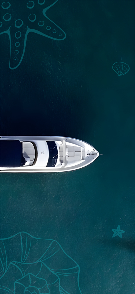 Waves: Stay, Sail & Ride - Vue plongeante d'un yacht blanc de luxe sur une eau bleue avec des illustrations marines