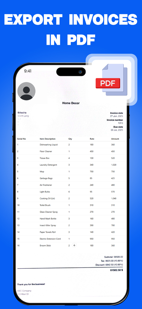 Invoice Creator, Receipt Maker - A smartphone screen displaying a professional business invoice being exported as a PDF file within the Invoice Creator app