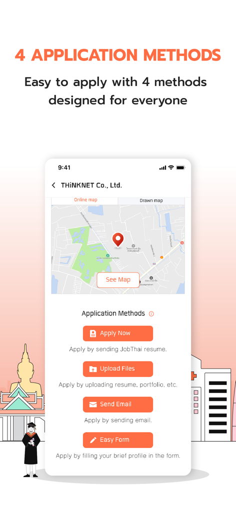 JobThai Jobs Search - JobThai app interface showing four job application methods including Apply Now and Upload Files with a company map