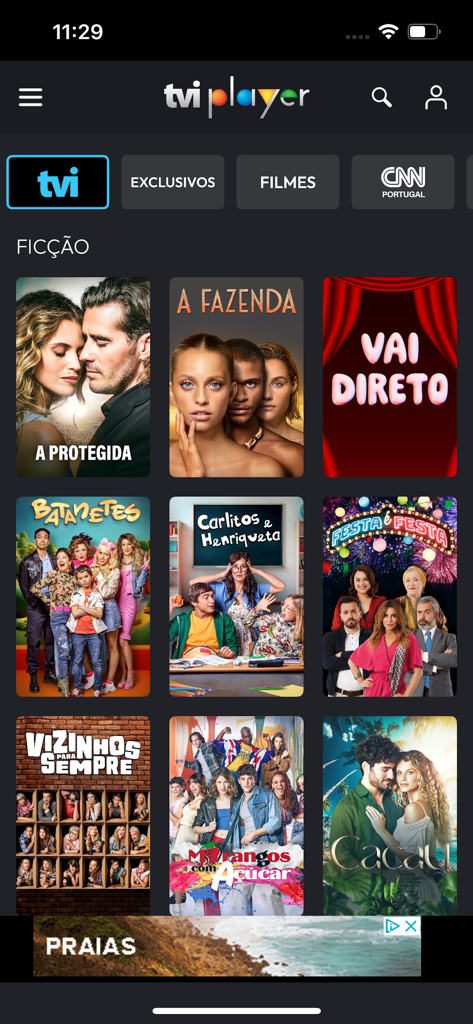The TVI Player mobile app interface displaying a selection of Portuguese fiction series and soap operas like Morangos com Acucar and Cacau.